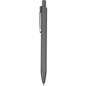 A grey metal pen features a sleek design and a clip for easy attachment. It includes a logo on the barrel.