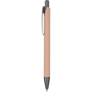 A metal pen in a soft pink colour with a silver clip and tip, featuring a logo.