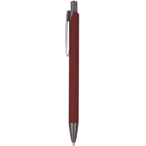 A metal pen with a sleek burgundy finish and shiny silver accents, featuring a clip and a logo.