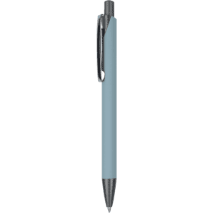 A metal pen in a soft blue hue with a silver clip and tip, featuring a logo on the barrel.