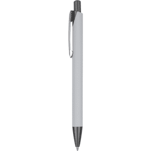 A metal pen in white with a black tip and clip, featuring a logo.