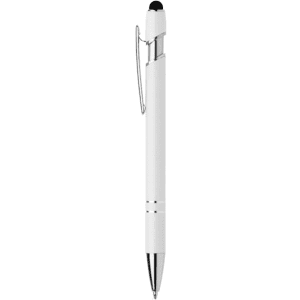 A white metal pen with a silver clip and a stylus tip. The pen has a sleek, modern design.