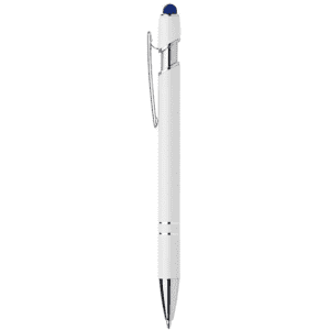 A white metal pen with a silver clip and a blue stylus tip, featuring a sleek design and branding.