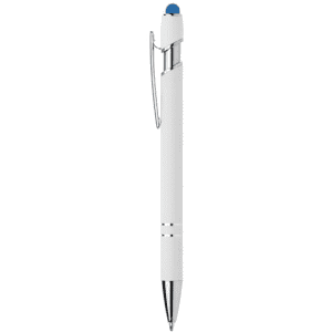 A metal pen in white with a blue tip and clip, featuring a sleek design and branding.