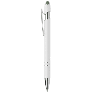 A white metal pen with a silver clip and tip, featuring a logo on the surface.