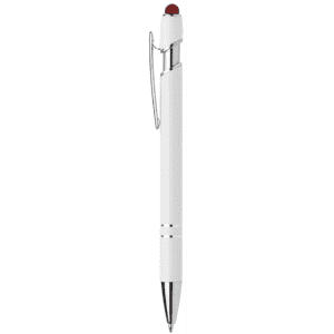 A metal pen in white and silver, featuring a branding logo and a stylus tip.