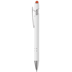 A white metal pen with a silver clip and a red top. It features a sleek, modern design.