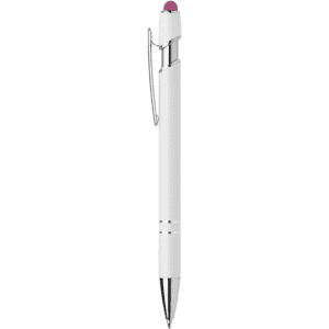 A white metal pen with a pink top and a clip, featuring a logo on the body.