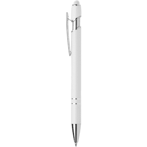 A metal pen in white with a silver clip and tip, featuring a sleek design and a logo.