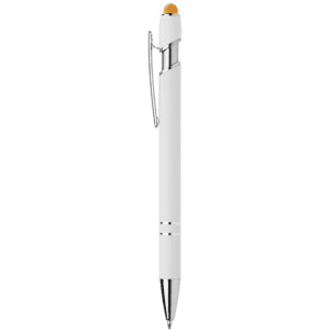 A white metal pen with a silver clip and a touch screen stylus tip at the top. It features a sleek design.