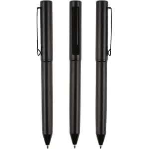 A set of three black metal pens with clips, featuring a sleek design and glossy finish.