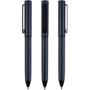 A set of metal pens in navy blue, featuring a sleek design and clip, displayed from multiple angles.
