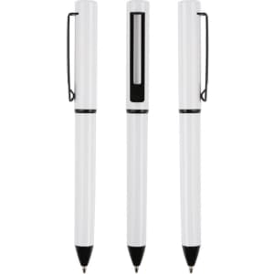 A set of three white metal pens with black accents and clips, featuring a sleek design and a logo.