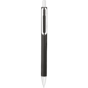 A black plastic pen with a chrome clip and a transparent section, featuring a simple design.
