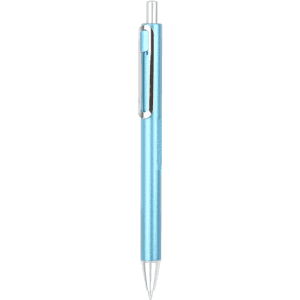 A blue plastic pen featuring a silver clip and tip, with a sleek, minimalist design and branding.