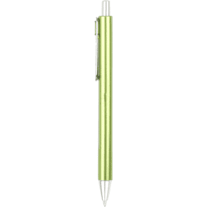 A plastic pen in vibrant green with a silver clip, featuring a ballpoint tip and a streamlined design.