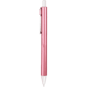 A pink metallic writing pen with a silver clip, featuring a smooth finish and a retractable tip.