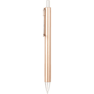 A plastic pen in a rose gold finish featuring a metal clip and a clear barrel.