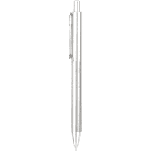 A silver plastic pen with a sleek design, featuring a clip and a ballpoint tip. The pen has a simple branding logo.