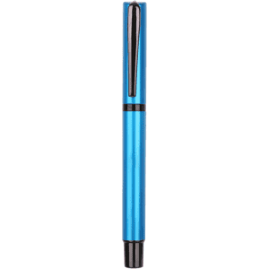 A blue plastic pen with a black clip and accents. The pen has a sleek, cylindrical design and a branding logo.