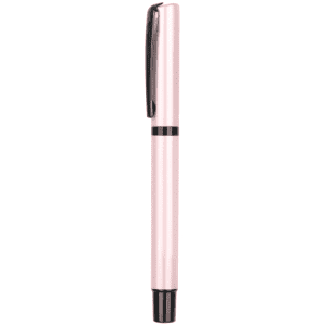 A plastic pen in a soft pink colour with a black clip and tip, featuring a sleek design.