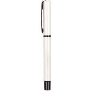 An Avalanche pen in cream with a black trim and a clip, featuring a sleek, minimalist design.