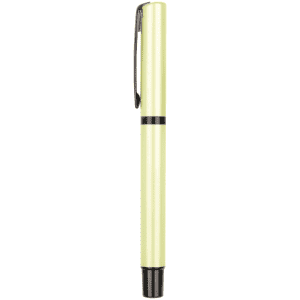A plastic pen in a light yellow hue with a black clip and tip, featuring a simple design.