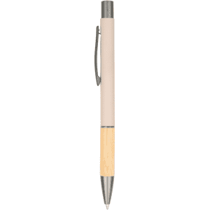 A metal pen featuring a beige body and a wooden lower section, with a contrasting silver clip and tip.