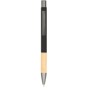 A metal pen with a sleek design featuring a black grip and a natural bamboo barrel. It has a branding logo.