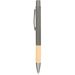 A metal pen with a grey top and a light wood barrel, featuring a clip and a logo.