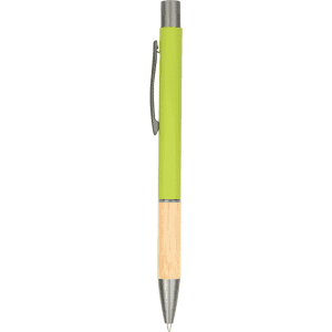 A metal pen with a bright green barrel and a bamboo lower section, featuring a clip and a logo.