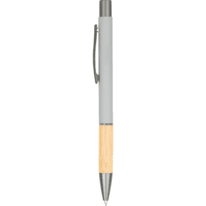 A metal pen with a grey upper section and a bamboo lower section, featuring a silver clip and tip.
