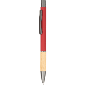 A metal pen with a red barrel and bamboo base, featuring a black clip and a silver tip. It includes a logo.