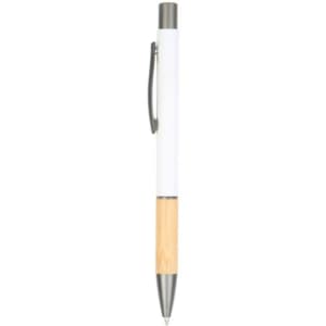 A metal pen with a white barrel and bamboo grip, featuring a clip and silver accents. Includes branding.