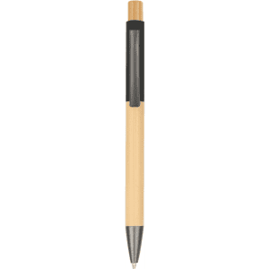A wooden pen in a natural finish with a black clip and a silver nib. It features a logo on the barrel.