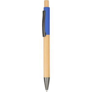 A wooden pen featuring a natural wood finish and a blue grip, with a black clip.