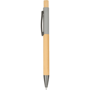 A wooden pen featuring a bamboo barrel and a grey grip, with a black clip and silver nib.
