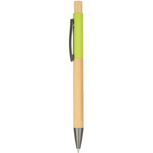 A wooden pen with a lime green grip and metal accents. Includes a logo on its side.