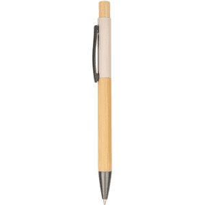 A wooden pen featuring a bamboo body and a light-coloured grip with a black clip and tip.