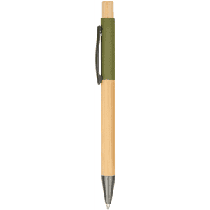 A wooden pen with a natural bamboo body and green grip, featuring a metal clip.