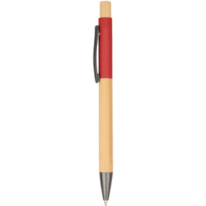 A wooden pen with a bamboo body and a red grip, featuring a black clip and silver tip.