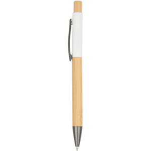 A wooden pen with a light bamboo barrel, white grip, and silver accents. It features a clip and a logo.