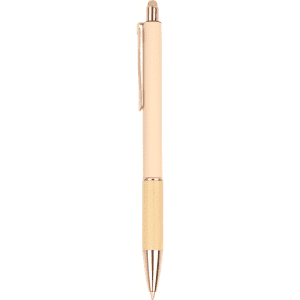 A wooden pen in a creamy white colour with gold accents and a clip. It features a sleek, minimalistic design.