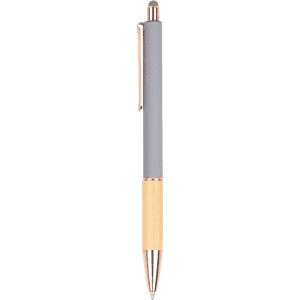 A wooden pen with a gold and grey design, featuring a shiny gold clip and tip. It has a logo on the barrel.