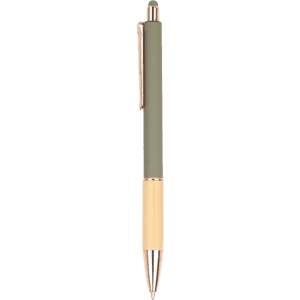 A wooden pen in olive green with a gold accent. It features a sleek design and a logo on the barrel.