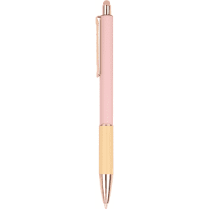 A wooden pen featuring a pink body with a gold clip and tip. The pen also has a logo.