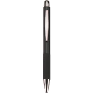 A metal pen with a sleek black body and a silver trim, featuring a textured grip. It has a logo on the side.