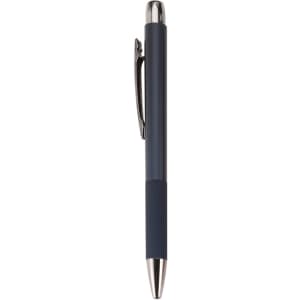 A metal pen in dark blue with a chrome clip and tip, featuring a textured grip. It has a logo on the side.