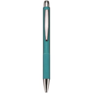 A teal metal pen with a shiny silver clip, featuring a sleek design and smooth finish.