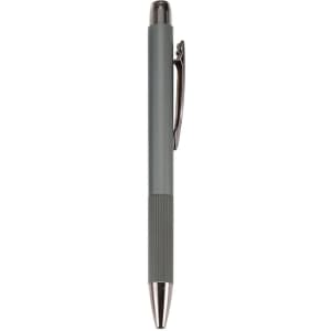 A metal pen in a sleek grey design with a shiny silver tip and clip. It features a textured grip for comfort.